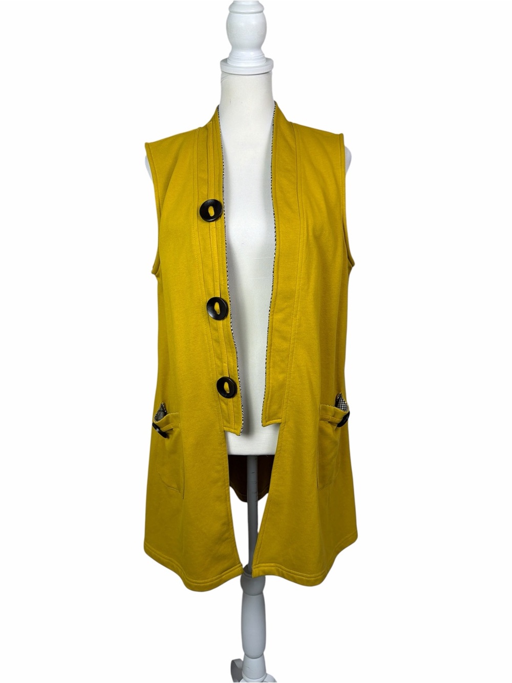 Design Mustard Yellow Open Front Vest Sleeveless Duster Cardigan Women’s Medium